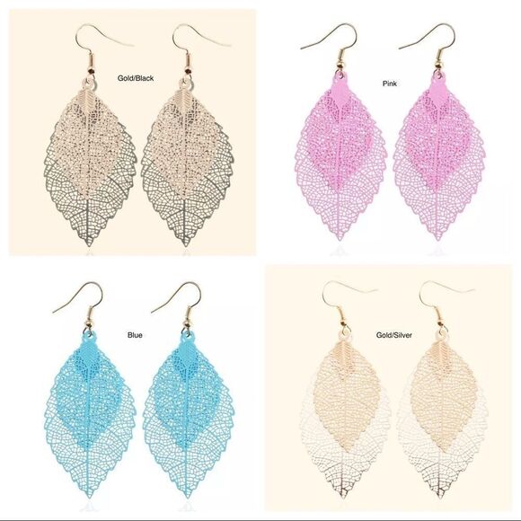 VINTAGE TWO TONE LEAVES DROP EARRINGS SET OF 2 - Picture 1 of 5